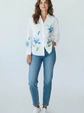 Womens L White Floral Beaded Blouse Button Up Tropical Flower Classic Cotton